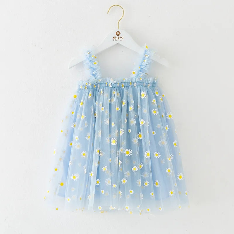 Toddler Girls Summer Sling Dress Sleeveless Daisy Print A-Line Tulle Princess Dress Kids Birthday Party Skirt Cute Baby Clothes