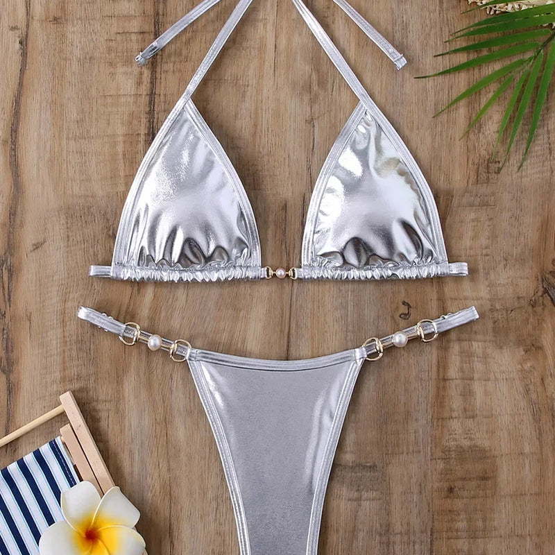 PU Leather Pearls Bikini Mini Micro Thong Women Swimwear | SAMAG
