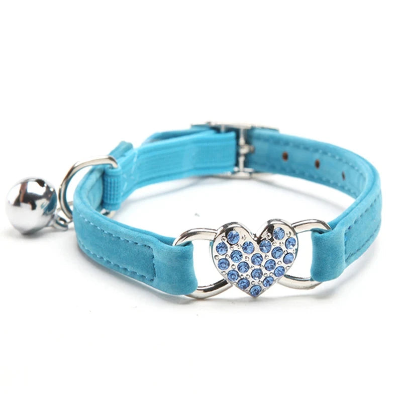 Heart Shaped Cat Collar With Bell Safety Elastic Adjustable Collar Soft Cat Crystal Collar For Kitten Puppy Pet Supplies