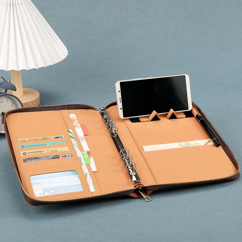 New A5 Binder with Phone stand,PU Leather Portfolio Budget Binder Cover,6 Rings Refillable Notebook Planner Cover with Zipper