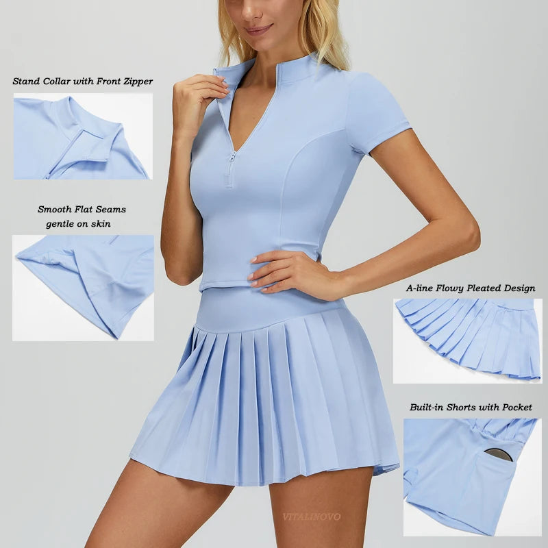 VITALINOVO Tennis Skirt Sets for Women Zipper V Neck Shirts Top Matching High Waisted Pleated Athletic Workout Golf Skort Women