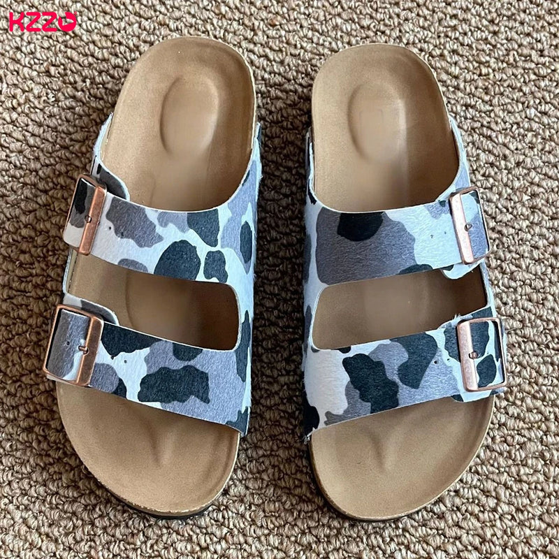 KZZO Horse Hair Genuine Leather Women Mules And Clogs Adjustable Buckle Cork Footbed Comfort Casual Outdoor Slippers Non-Slip