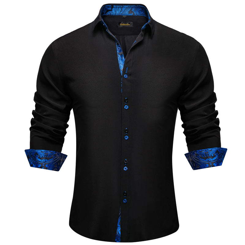 DiBanGu Men Shirt Long Sleeve Black Solid Red Paisley | SAMAG
