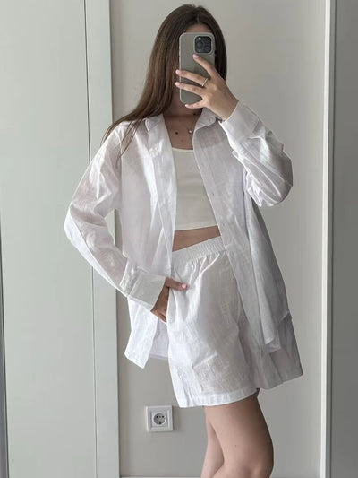 FSMG Fashion Solid Cotton Linen Shorts Set Casual Loose | SAMAG