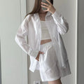FSMG Fashion Solid Cotton Linen Shorts Set Casual Loose Buttons Long Sleeves Shirt  Elastic Waist Shorts Outfit Lady Chic Outfit