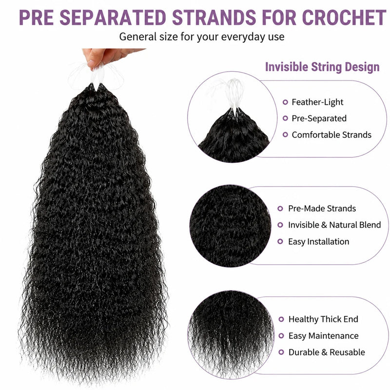 Kinky Straight Feather Crochet Human Hair Extensions Pre Separated Knotless Invisible Braiding Hair 100% Virgin Brazilian Human Hair Reusable 60g 50 Strands Natural Black Boho Braids For Women DIY Styling