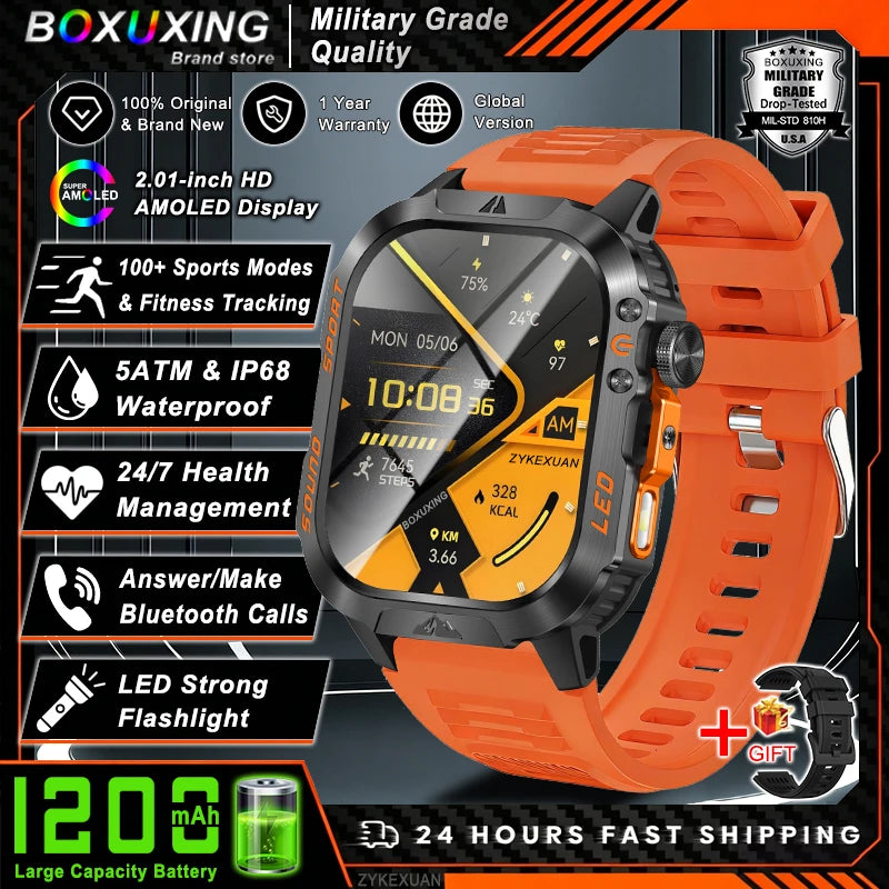 2026 New 1200 mAh Battery Military Smartwatch Men 5ATM Waterproof Fitness Tracker Health Heart Rate Smart Watch For iOS Android