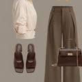 Women Lapel Cropped Button Front Shirt High Waist Wide Leg Trousers Two Piece Outfit Daily Commute Casual Wear
