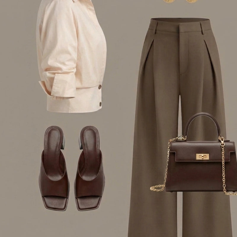 Women Lapel Cropped Button Front Shirt High Waist Wide Leg Trousers Two Piece Outfit Daily Commute Casual Wear