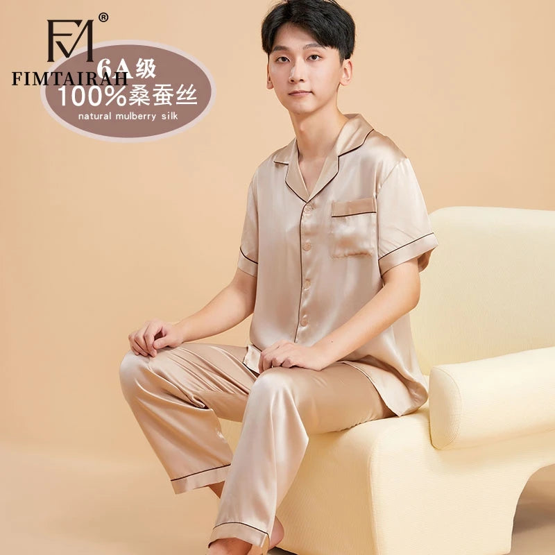 Fimtairah Real 19MMSilk 100% Mulberry Silk Pajamas Men's  Hangzhou Solid Color heavy Silk Home Wear Men's Short sleeve trousers