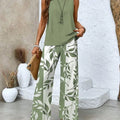 Women Casual 2 Piece Outfit Sleeveless Tank Top + Leaf Print Wide Leg Pants Set Summer Vacation Loungewear