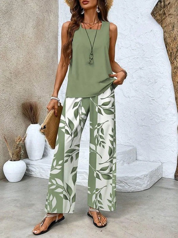 Women Casual 2 Piece Outfit Sleeveless Tank Top + Leaf Print Wide Leg Pants Set Summer Vacation Loungewear