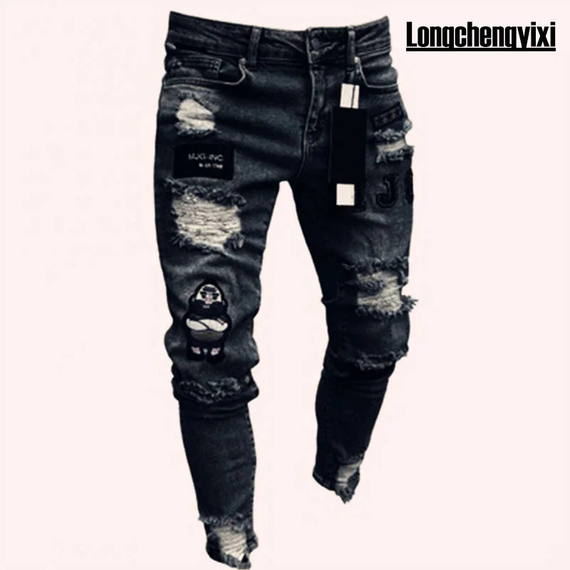 Men Jeans Solid Pockets Stretch Denim Straight Pants | SAMAG