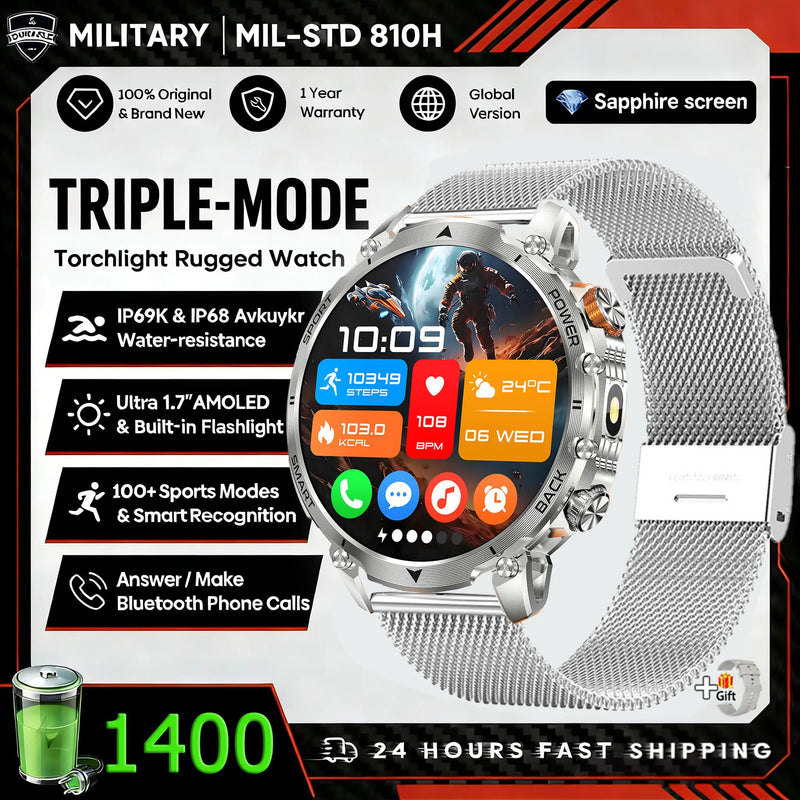 Hot New 1400mAh Big Battery Smart Watch Men Outdoor Flashlight IP68 Waterproof Bluetooth Call AMOLED Military Sports Smartwatch