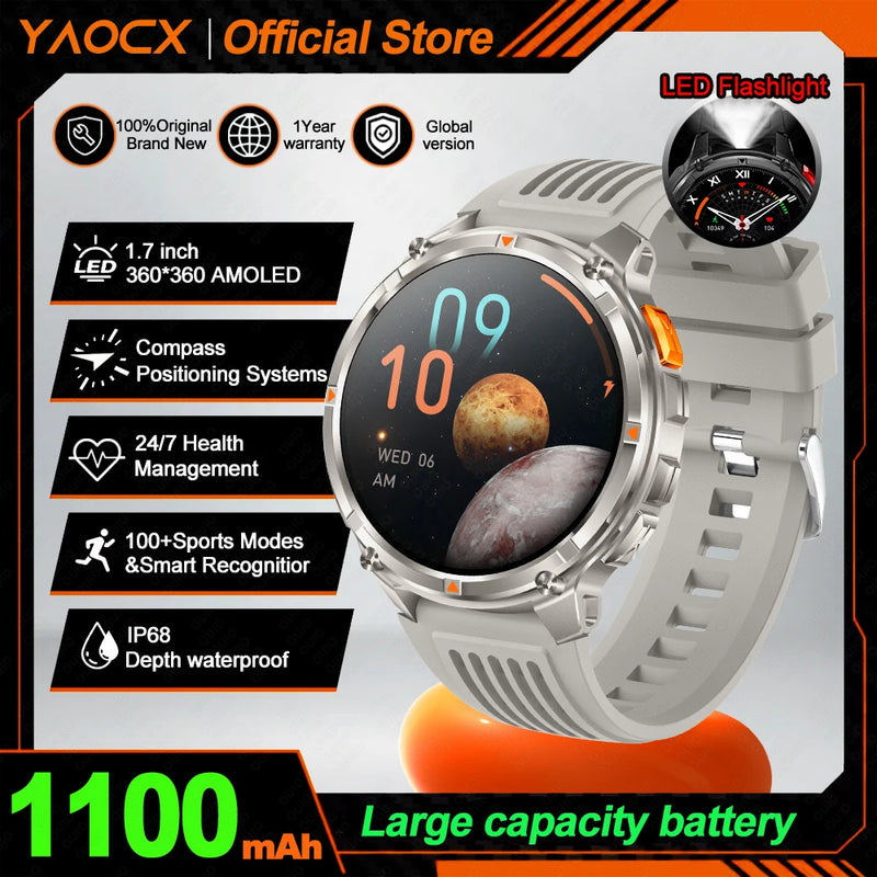 NEW 1100mAh Battery Sports Smart Watch Compass IP68 Waterproof Outdoor Flashlight Voice Assistant Heart Rate BT Call Smart Watch