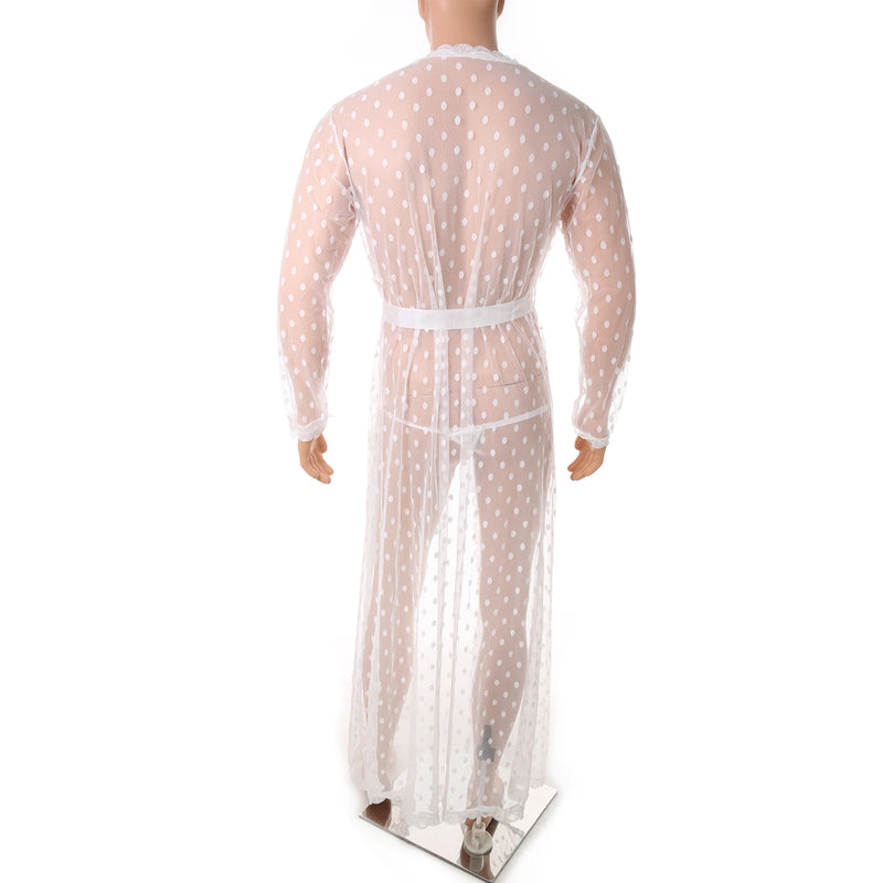 Men Robe Long Sleeves Bathrobe Kimono Mens Pajamas Lace See-through Bathrobe Night Dressing Gown With Jockstrap Thong Set