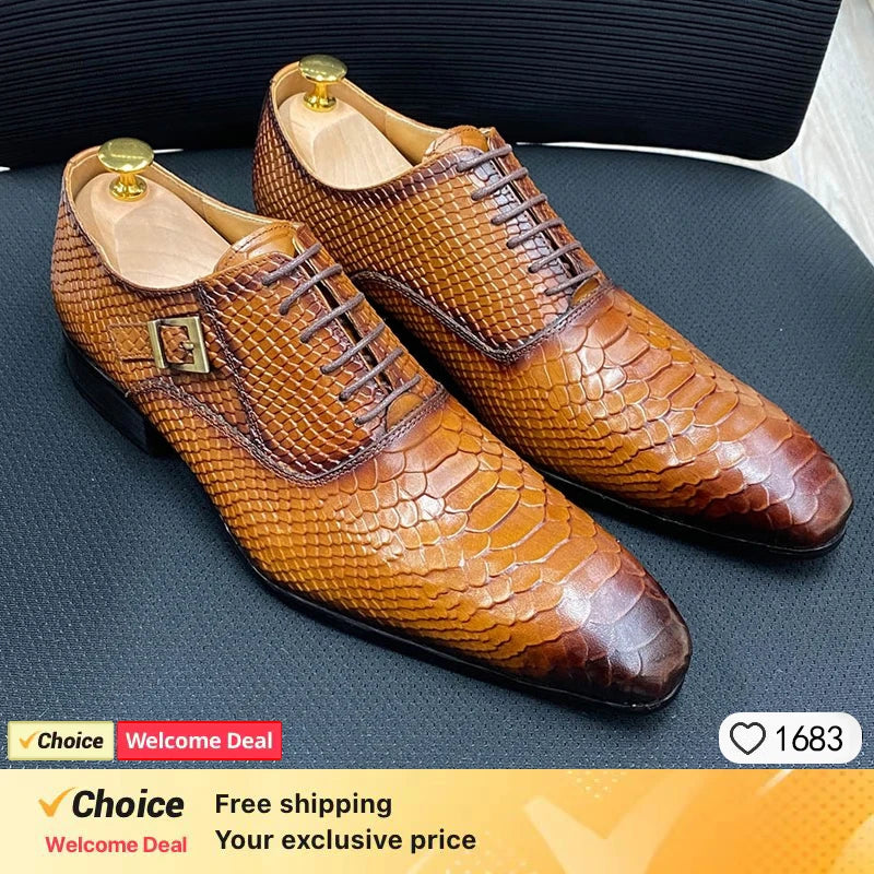 Luxury Men's Oxford Shoes Split Toe Lace-Up Dress Shoes in Black/Brown Suede with Patchwork Crocodile Print Leather Design