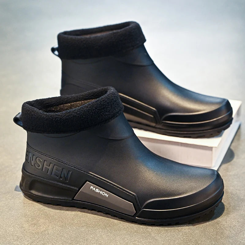 Men's Winter Fleece Lined Short Rain Boots Waterproof Non Slip Work Kitchen Safety Black Rubber Boots Thickened Shoe Bottom