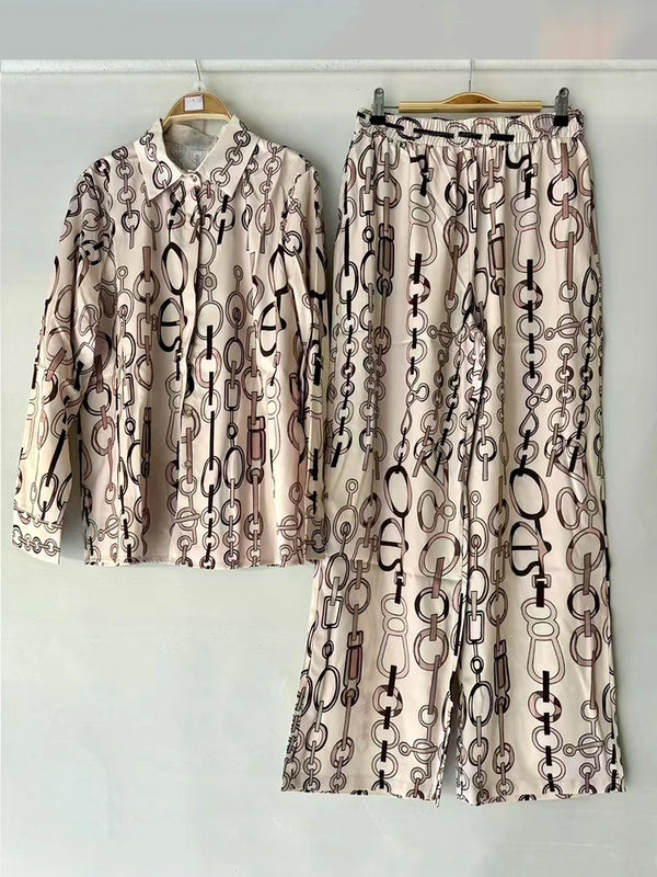 Retro geometric print lapel straight leg shirt two-piece set for 2026 spring women's clothing+loose wide leg pants fashion set