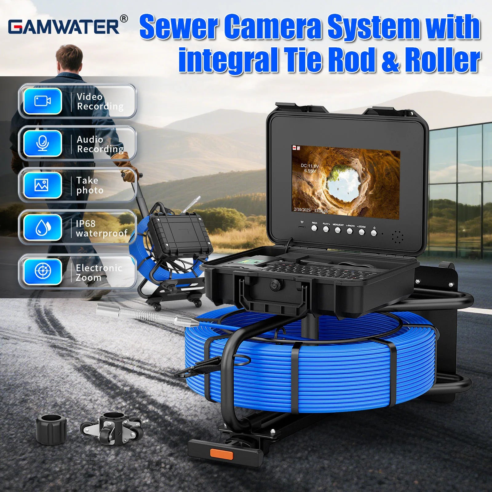 Sewer Inspection Camera -512Hz Self-Leveling Sewer Camera with 23mm Probe 5X Zoom , Waterproof Endoscope Camera with 12 LEDS