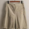 Women's Vintage Rose print Linen Blend Wide Leg Bermuda Shorts High Waist Casual Knee Length Summer Trousers with Pockets