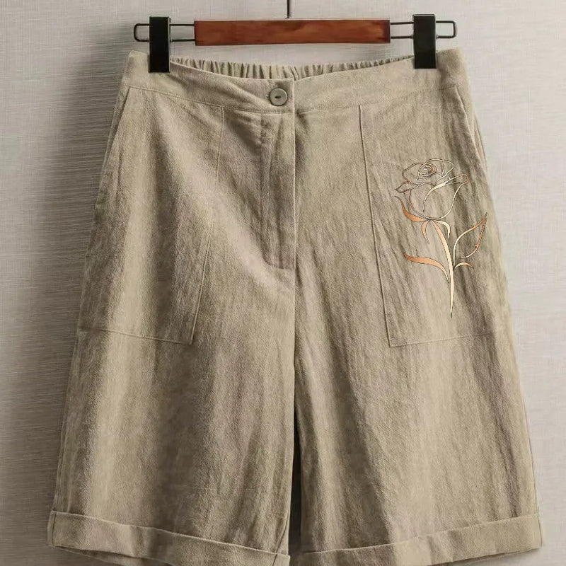 Women's Vintage Rose print Linen Blend Wide Leg Bermuda Shorts High Waist Casual Knee Length Summer Trousers with Pockets