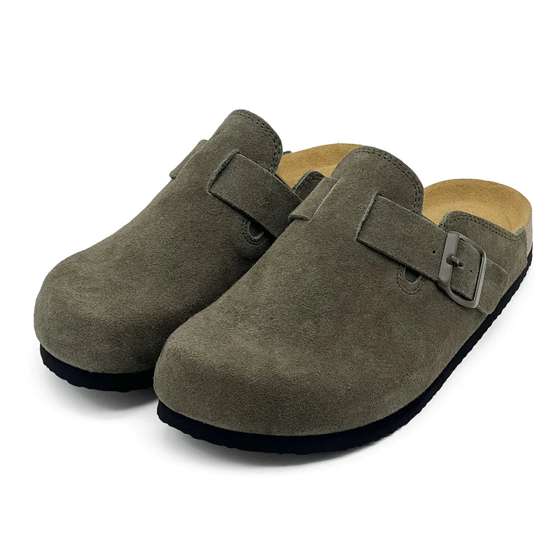 Retro Suede Leather Mule Clogs Arch Support Cork Latex Footbed Adjustable Buckle Non-Slip Indoor Outdoor Walking for Women & Men