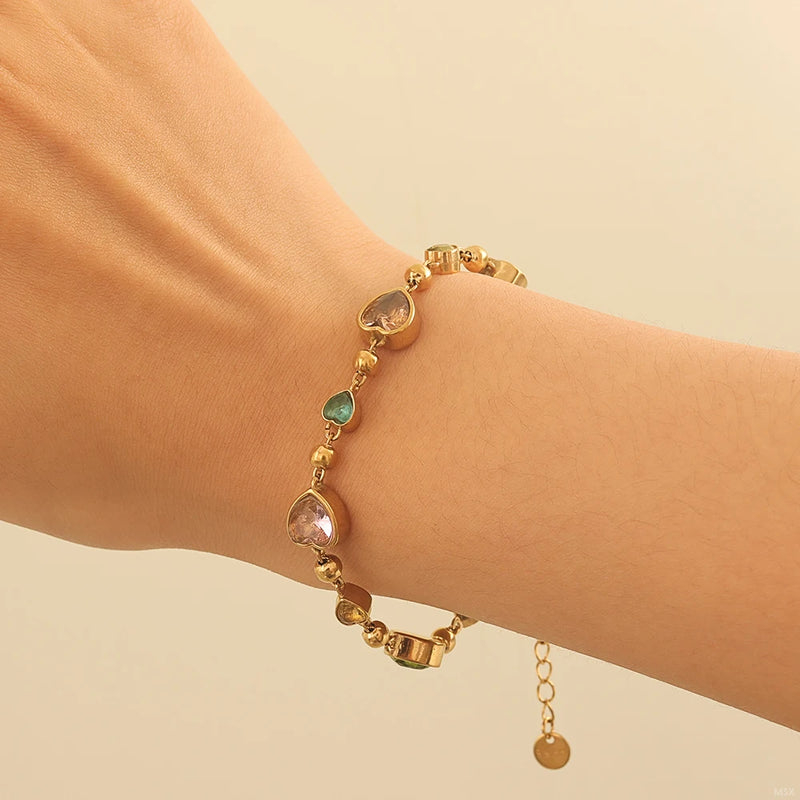 JOVO LOVE Colorful Lover Album Heart Crystal Bracelet for Women Stainless Steel Exquisite Metal Chain Bangles Popularity Jewelry