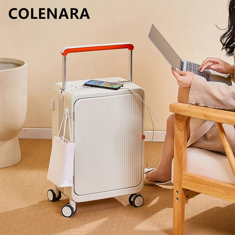 COLENARA 20 Inch Charging Luggage Aluminum Frame Boarding Case 25 Inch Front Opening Laptop Women's Trolley Travel Suitcase
