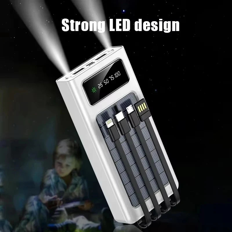 Portable Solar Charger Power Bank High Capacity External Rechargeable Solar Battery With 4 Cables For iPhone Samsung 2026