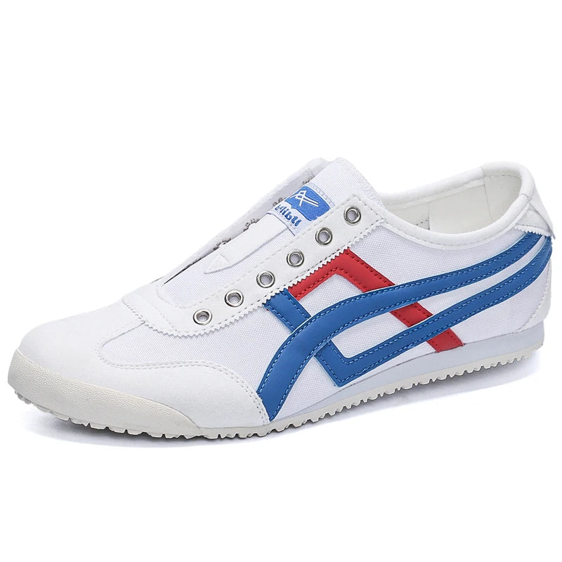 Men's Striped Canvas Sneakers Low Top Casual Walking Trainers with Extra Laces Flat Trainer Shoes Dual Wear Lace Up or Slip On