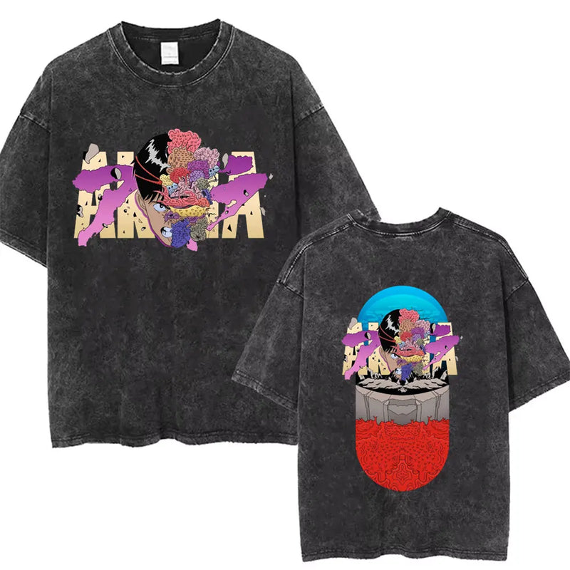 Washed Retro Japanese Anime Akira Print 100%Cotton Men Woment T-shirt Summer Autumn Daily Sports Party Casual Loose Short Sleeve