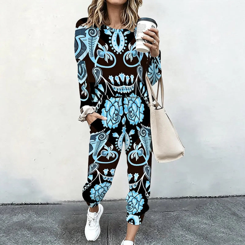 Women 2 Piece Tracksuit Set Print Long Sleeve Crew Neck Top And Jogger Pants Casual Streetwear Outfit With Pockets