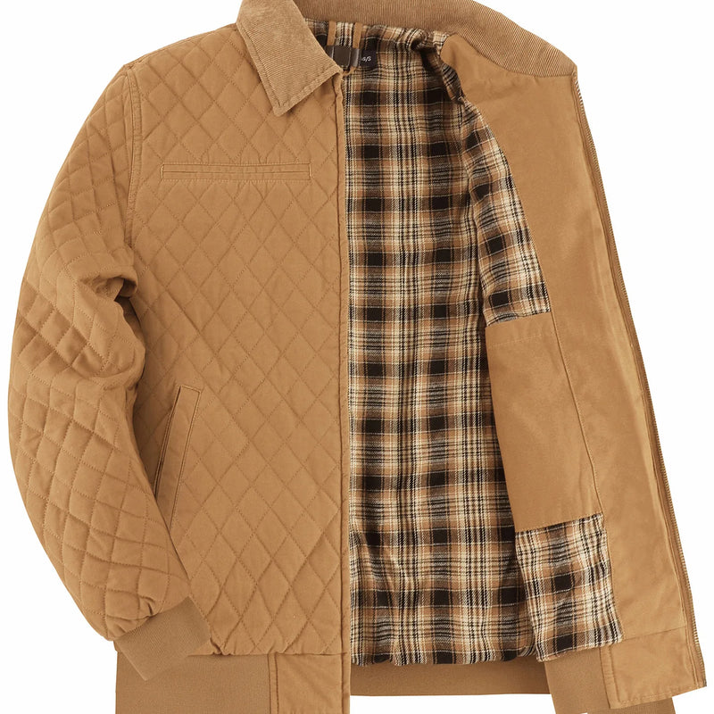 US size men's zipper pure cotton duck canvas quilted coat - Detroit thick and warm flannel jacket