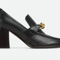 Black Metal Decoration Round Toe Platform Women Loafers Shoes Chunky High Heels Slip On Design Large Size Pumps Shoes