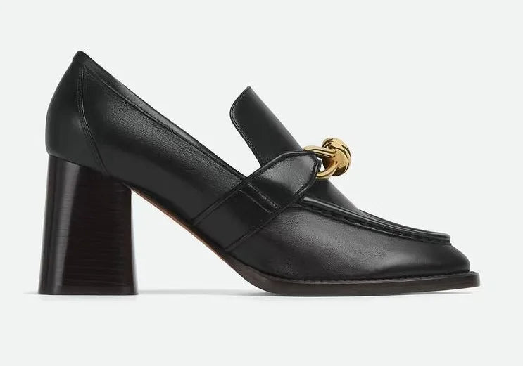 Black Metal Decoration Round Toe Platform Women Loafers Shoes Chunky High Heels Slip On Design Large Size Pumps Shoes