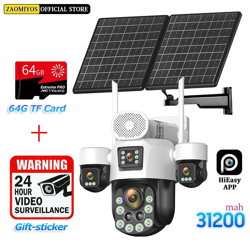 4 Lens Outdoor 360° Surveillance Solar Camera 20MP 60X Optical Zoom 4G SIM Home Security PTZ Auto Track AOV 24/7 Record CCTV Cam