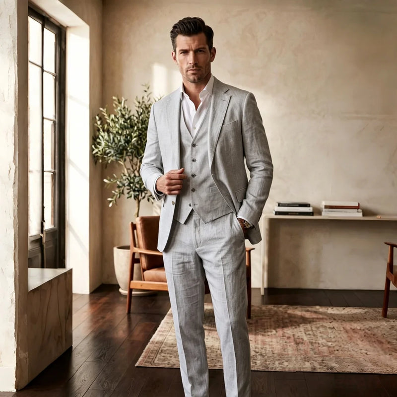 3 Pieces Linen Breathable Suit Separates Blazer with Vest Pants for Men Summer Beach Wedding Casual Party Suits for Men Suits