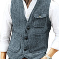 Men Vest Brown Herringbone Wool Tweed V Neck Single Breasted Retro Tooling Vest Male Gentleman Business Waistcoat For Wedding