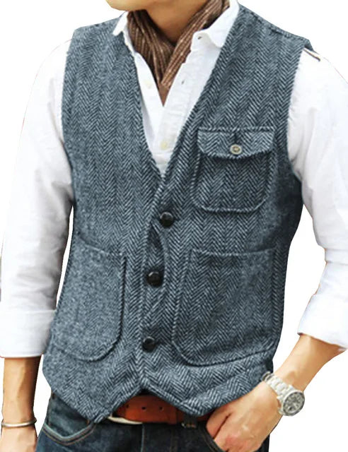 Men Vest Brown Herringbone Wool Tweed V Neck Single Breasted Retro Tooling Vest Male Gentleman Business Waistcoat For Wedding