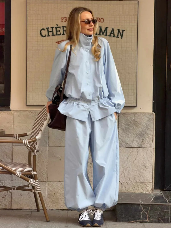 DFDG Women 2026 Spring Summer Casual Stand Collar Long Sleeve Top High Waist Elastic Cuff Jogger Pants Two Piece Streetwear Set