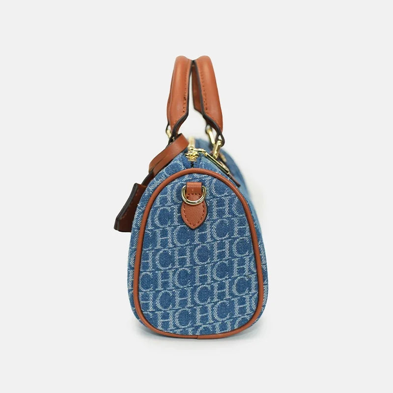CH Womens Denim Monogram Boston Bag Leather Trim Lock Detail Crossbody Handbag Fashion Top Handle Bag