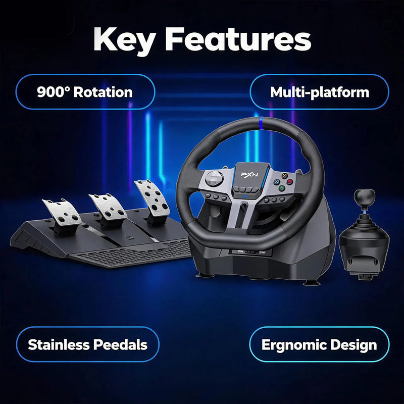 V9 Gen2 Gaming Steering Wheel for PC PS4 Switch with Handbrake Brake Pedal Clutch Gas Pedal
