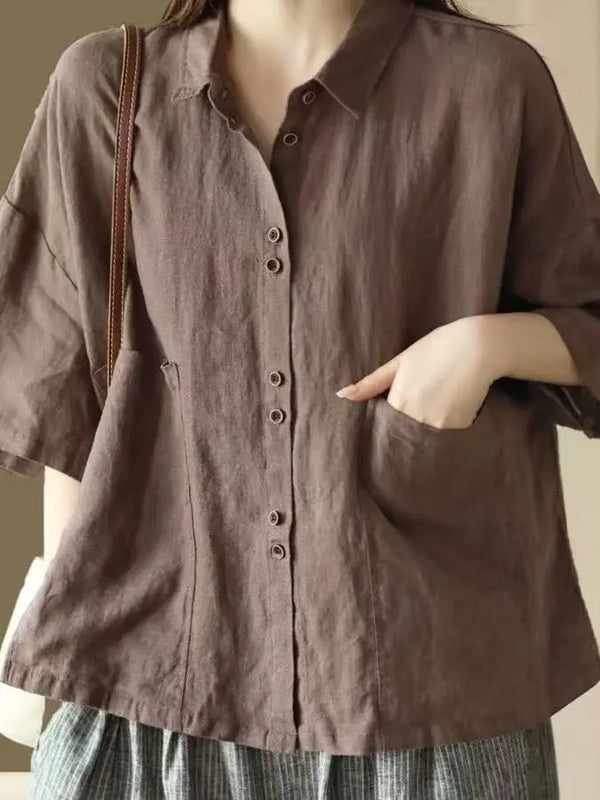 Retro Cotton Linen ort Sve Women's irt Summer New Loose Casual  Collar Top Faion Korean Sle Thin Material