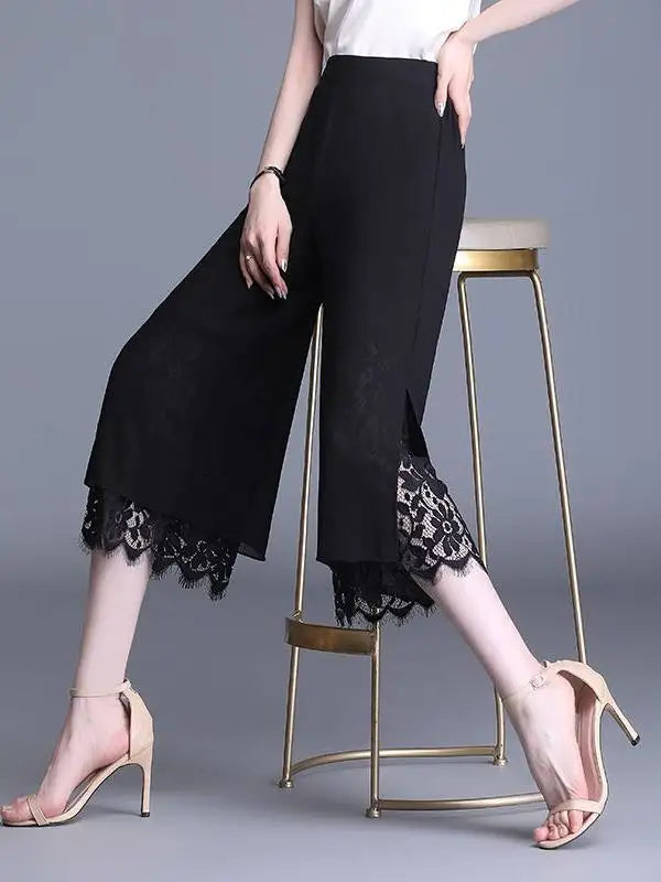 Summer Thin Chiffon Wide Leg Pants Women's Lace Splice - View 3 | SAMAG