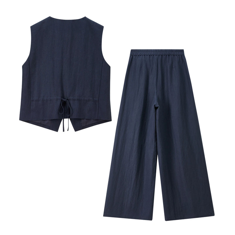 SENTUBILA Office 2 Piece Pant Set 2026 Women Linen Blend Summer Suit V Neck Waistcoat Wide Leg Baggy Pant Print Scarf 162ZA5663Z