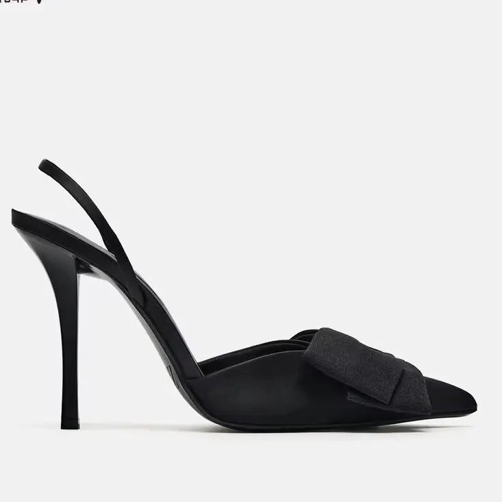 Spring 2026 Pointed Bow High Heels, Black Toe Sandals, Fashionable and Sexy Women's Shoes, Slim Heels