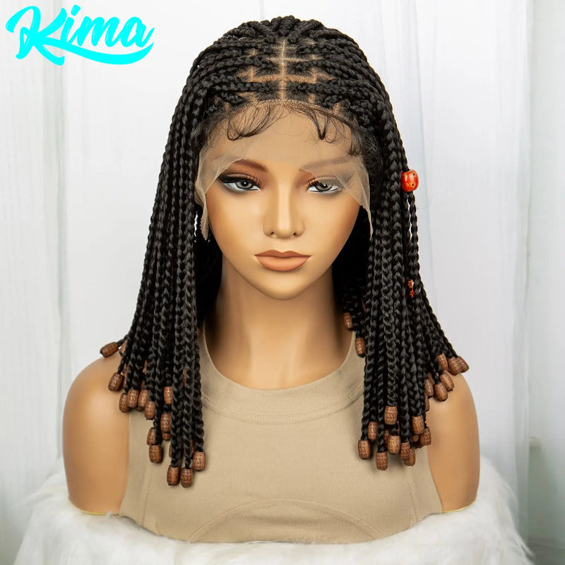 14inch Synthetic Lace Front Bob Braided Wig with Beads Short Box Braided Wigs Knotless Braided Wigs with Baby Hair for Women