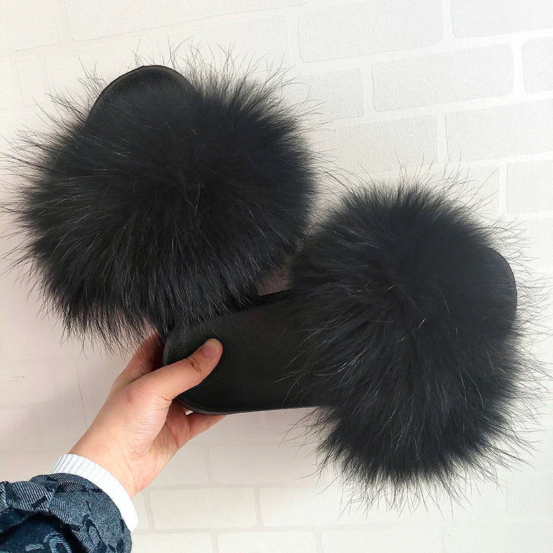 Women Real Raccoon Fur Slides Fluffy Luxury Furry Open Toe Slippers Indoor Outdoor Summer Sandals Non Slip Soft Comfy Sole Cozy