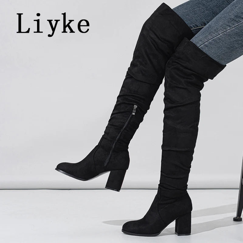 Liyke 2026 New Fashion Round Toe Zip Thigh High Boots Women Autumn Winter Chunky Heels Motorcycle Over The Knee Shoe Botas Mujer